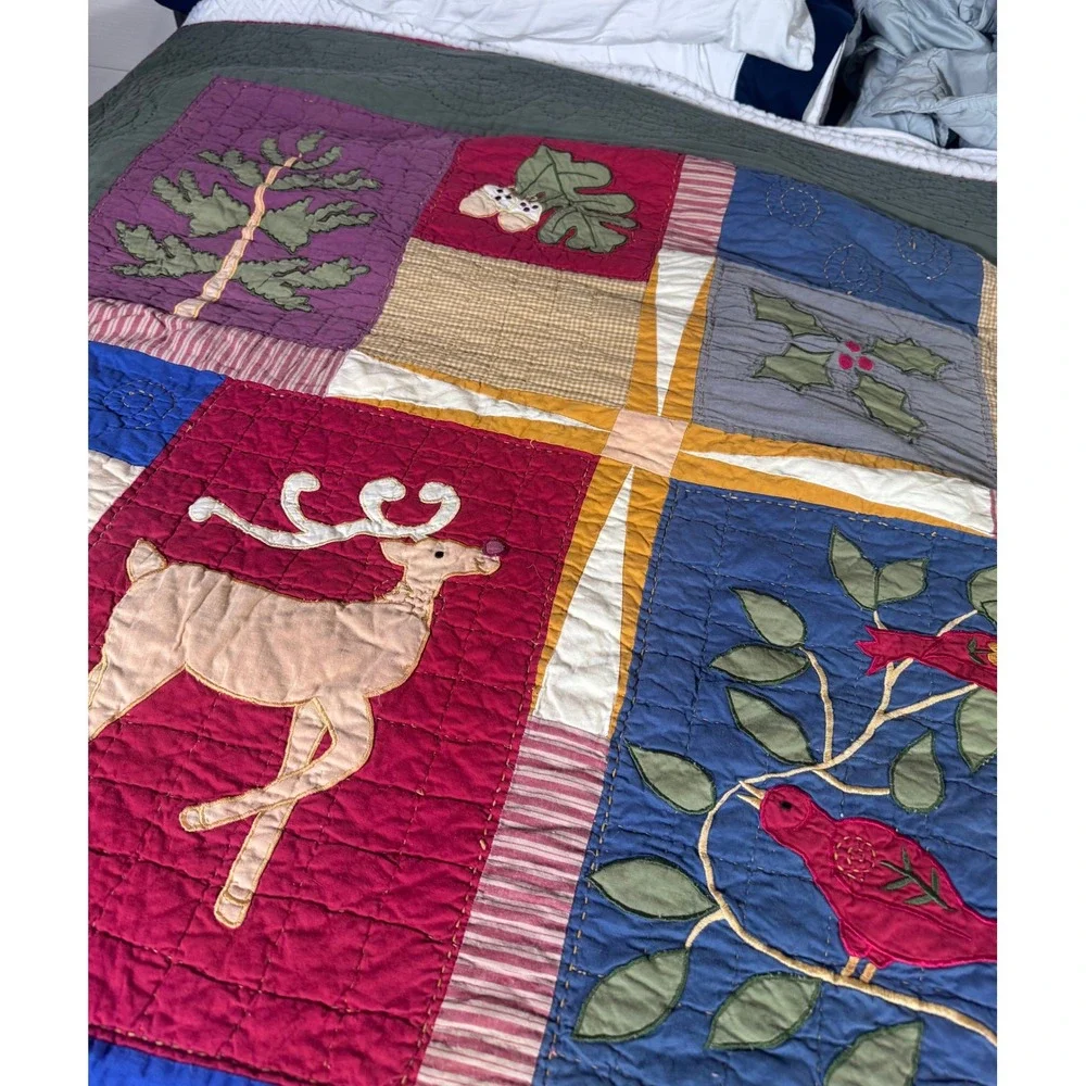VTG Folk Art Quilt Queen Hand Appliqué Woodland Christmas‎ Patchwork Farmhouse